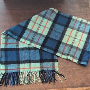 Vintage Cashmere Fringe Scarf in Blues and Greens, Unisex, Scotland Beverly Hill